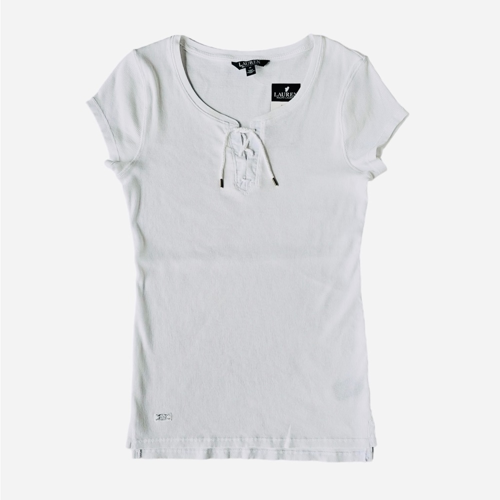 Lauren Ralph Lauren Women’s Color White Short Sleeve Ribbed Knit Top Lace Up